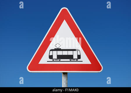 Tram segno di avvertimento Foto Stock