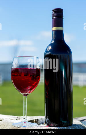 Un glasss di vino rosso e una bottiglia di vino con uno sfondo sfocato. Foto Stock