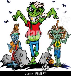 Divertimento cartoon zombie impostato su sfondo bianco Illustrazione Vettoriale