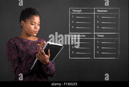 Sud Africano o americano africano nero donna insegnante o studente iscritto in un libro o un diario analisi SWOT contro una lavagna Foto Stock