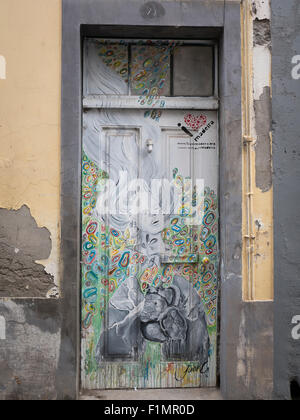 Le porte dipinte di Funchal Città Vecchia, Madeira, Portogallo. Arte di open doors project in Rua de Santa Maria di Funchal Foto Stock