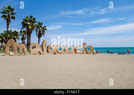 La Malagueta la scultura di sabbia, spiaggia Malagueta, Malaga, Andalusia, Spagna Foto Stock