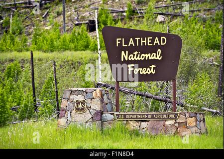 Di Flathead National Forest cartello in legno. Forest Service. Dipartimento di Agricoltura. Montana, Stati Uniti d'America. Foto Stock