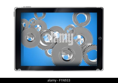 Applicazioni mobili concetto. Tablet PC con ruote dentata 3D Render illustrazione. Isolato su bianco. Foto Stock