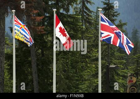 Tre bandiere canadesi. La British Columbia, Canada nazionale e British bandiera nazionale. Tree grandi bandiere su pali. Foto Stock