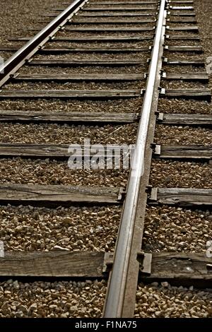 Viaggio ferroviario. I binari della ferrovia Closeup fotografia verticale. Foto Stock