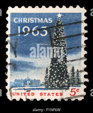 Noi Natale francobollo mostra la Casa Bianca e la National albero di Natale a Washington DC., circa 1963 Foto Stock