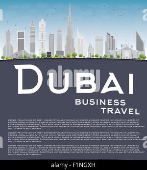 Dubai skyline della città con grattacieli grigio, blu cielo e spazio di copia. Business travel concept. Illustrazione Vettoriale Illustrazione Vettoriale