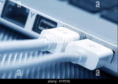 Collegamento del computer portatile. Mini DVI e connessione USB. Collegamento di accessori per notebook. Foto macro Foto Stock