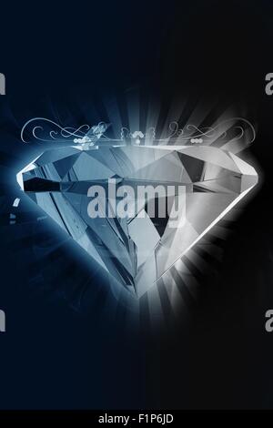 Diamante Nero - elegante sfondo di diamante. 3D reso diamante con raggi e ornamenti. Black-Dark sfondo. Il design verticale. Foto Stock