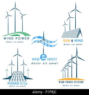 Power rendendo il logo della società o emblema set. Solare ed energia di vento generatori e turbine. Free font utilizzato. Isolato su bianco Illustrazione Vettoriale