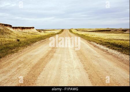 South Dakota Prairie strada di ghiaia tra Badlands e Pine Ridge Indian Reservation. Dakota del Sud, Stati Uniti d'America. Foto Stock