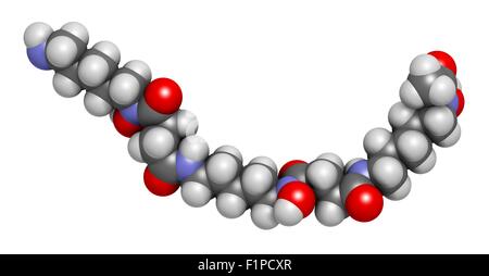 Deferossamina molecola di farmaco utilizzato per trattare il ferro avvelenamento (emocromatosi) atomi sono rappresentati come sfere con convenzionali Foto Stock