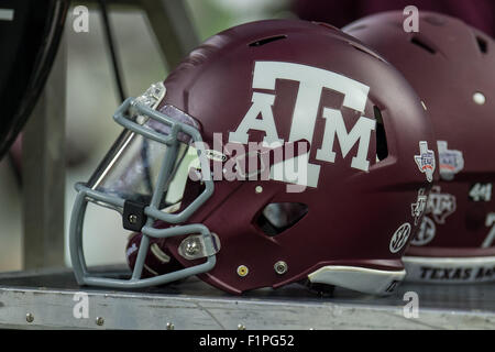 Houston, TX, Stati Uniti d'America. 5 Sep, 2015. Un Texas A&M Aggies casco durante la prima metà di un NCAA Football gioco tra il Texas A&M Aggies e Arizona State Sun Devils a NRG Stadium di Houston, TX. Trask Smith/CSM/Alamy Live News Foto Stock