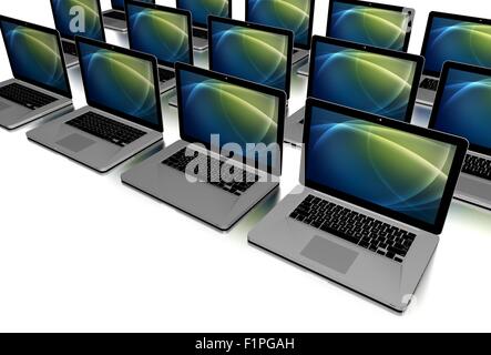 Farm di computer portatili. Computer Stock solido su sfondo bianco. 3D Render illustrazione. Foto Stock