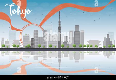 Lo skyline di Tokyo con grattacieli, Sun e di riflessione. Illustrazione Vettoriale Illustrazione Vettoriale