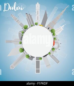 Dubai skyline della città con grattacieli grigio, blu cielo e spazio di copia. Illustrazione Vettoriale Illustrazione Vettoriale