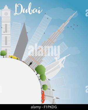 Dubai skyline della città con grattacieli grigio, blu cielo e spazio di copia. Illustrazione Vettoriale Illustrazione Vettoriale