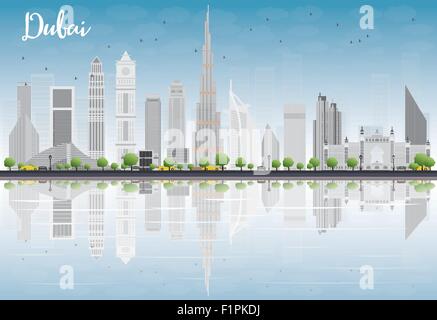 Dubai skyline della città con grattacieli grigio, blu cielo e riflessioni. Illustrazione Vettoriale Illustrazione Vettoriale