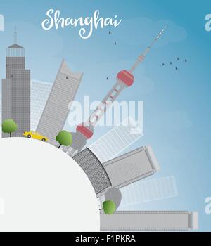 Lo skyline di Shanghai con il cielo blu e grigio grattacieli. Illustrazione Vettoriale con spazio di copia Illustrazione Vettoriale