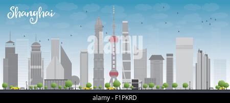 Lo skyline di Shanghai con il cielo blu e grigio grattacieli. Illustrazione Vettoriale Illustrazione Vettoriale