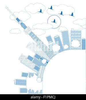 Profilo dello skyline di Tokyo con grattacieli e sun illustrazione vettoriale in colore blu Illustrazione Vettoriale