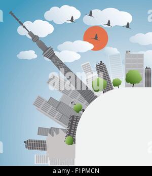 Lo skyline di Tokyo con grattacieli e sun illustrazione vettoriale Illustrazione Vettoriale