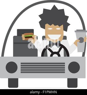 L uomo è la guida e mangiare hamburger e bere caffè illustrazione vettoriale Illustrazione Vettoriale