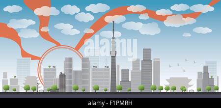 Lo skyline di Tokyo con grattacieli e sun illustrazione vettoriale Illustrazione Vettoriale
