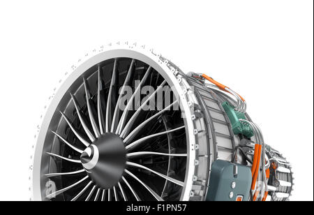 Turbofan jet motore isolato su sfondo bianco. 3D rendering immagine con percorso di clipping. Foto Stock