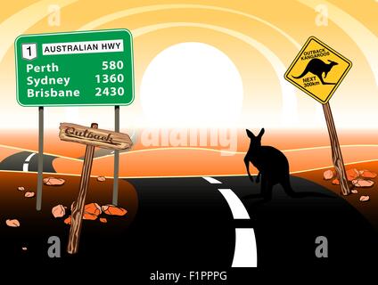 Kangaroo permanente sulla strada nell'outback australiano. Illustrazione Vettoriale