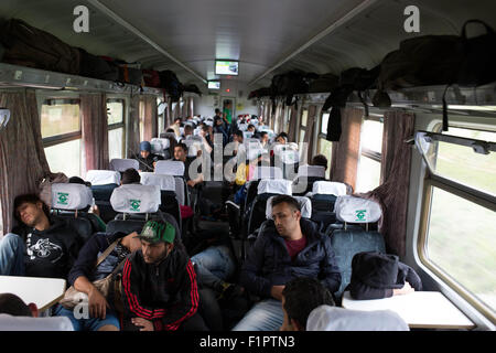 Hegyeshalom, Ungheria. 5 Settembre, 2015. I rifugiati di dormire sul treno per Gyor, la prima fermata sul loro modo di Hegyeshalom, una città di confine in Ungheria con l'Austria. Vi cammineranno 4 kilomters alla frontiera austriaca per entrare in Europa occidentale. 5 Sep, 2015. 5 Settembre 2015: Credito Sima Diab/ZUMA filo/Alamy Live News Foto Stock