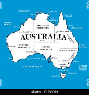 Mappa di Australia con posizioni su uno sfondo blu . Illustrazione Vettoriale