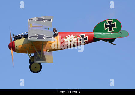 Rob pilota Gauld-Galliers volato una riproduzione di un Albatros DVA WWI aeromobile alla Prima Guerra Mondiale il aérodrome a Stow Maries, Essex, Regno Unito. Grande piano di guerra Foto Stock