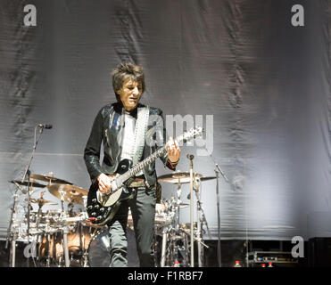 Ewhurst, Surrey, Inghilterra. 5 settembre 2015. Ronnie Wood suona la chitarra dal vivo sul palco con le facce. Le facce reunion: Rod Stewart, Ronnie Wood e Kenney Jones, i sopravvissuti delle facce, eseguita per la prima volta insieme in oltre quaranta anni in un concerto dal vivo presso la struttura Hurtwood Park Polo Club, Ewhurst, Surrey, Inghilterra, come parte del Rock 'n' evento di potenza a sostegno del cancro della prostata UK. Credito: Graham Prentice/Alamy Live News Foto Stock