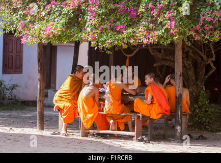 I monaci buddisti nelle vesti di vermilion sit in ombra di Bougainvillea coperto arbor al Wat Si Bun Heuang a Luang Prabang, Laos Foto Stock