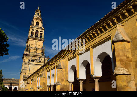 Sul lato nord della cattedrale di Cordoba moschea con campanile sormontato da Raffaele Arcangelo Foto Stock