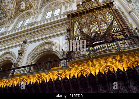 Organo a canne e barocco in legno di mogano intagliato sedi nel coro della cattedrale di Cordoba moschea Foto Stock