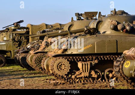 US M4A1 Sherman serbatoi allineati, GMC CCKW 2,5 ton carrello merci dietro, Cosby vittoria mostra, Leicestershire, Regno Unito, 2015. Credito: Antony ortica/Alamy Live News Foto Stock