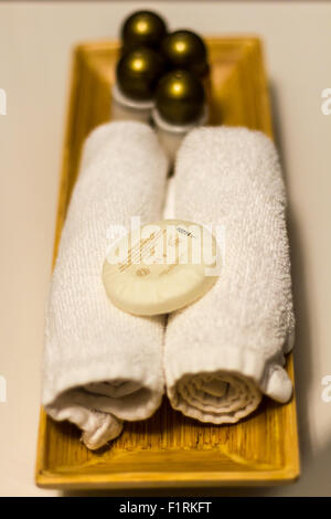 Asciugamani Bianchi, sapone e shampoo in bagno in hotel Foto Stock