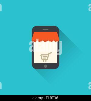 Shopping online su smartphone attraverso la comunicazione moderna technolog Illustrazione Vettoriale