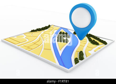 3D renderer immagine. Mappa del navigatore e il puntatore marcatore sulla città. La navigazione satellitare GPS concetto. Isolato sfondo bianco Foto Stock