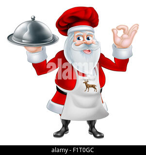 Un Natale cartoon illustrazione dello chef o cuoco Santa Claus tenendo un piatto d'argento e dando un gesto perfetto Foto Stock