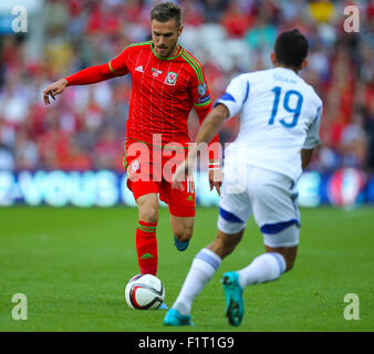 Cardiff, Galles. 06 Sep, 2015. Euro 2016 qualifica. Il Galles contro Israele. Il Galles Aaron Ramsey durante il gioco. Credito: Azione Sport Plus/Alamy Live News Foto Stock