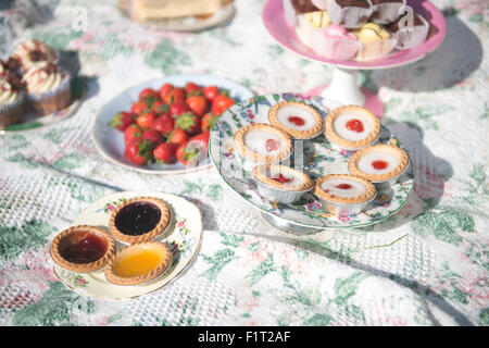 Campagna vintage garden tea party picnic con un classico British Vintage Ice Cream van Foto Stock