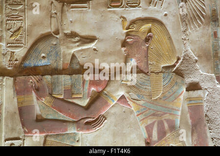 Il bassorilievo del dio Anubis sulla sinistra, con il faraone Seti I, tempio di Seti I, Abydos, Egitto, Africa Settentrionale, Africa Foto Stock