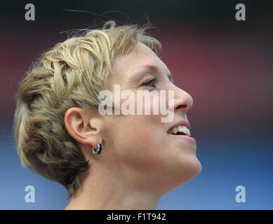 Berlino, Germania. 06 Sep, 2015. Javelin thrower Christina Obergfoell reagisce durante l'atletica ISTAF sfida mondiale a Berlino, Germania, 06 settembre 2015. Foto: Jens Wolf/dpa/Alamy Live News Foto Stock