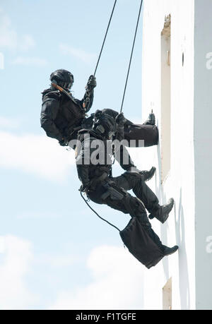 Zagabria, Croazia. 7 Sep, 2015. I membri del croato speciale unità di polizia ATJ Lucko mostrare le loro abilità durante un anti-terrorismo trapano a Zagabria, la capitale della Croazia, Sett. 7, 2015. Il venticinquesimo anniversario della fondazione del croato di polizia speciale ATJ Lucko unità anti-terrorismo di stato celebrato il lunedì. Credito: Miso Lisanin/Xinhua/Alamy Live News Foto Stock