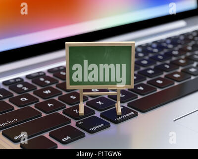3D rendering della scuola sulla lavagna la tastiera del laptop con soft focus. Corsi di formazione online, il concetto di istruzione Foto Stock