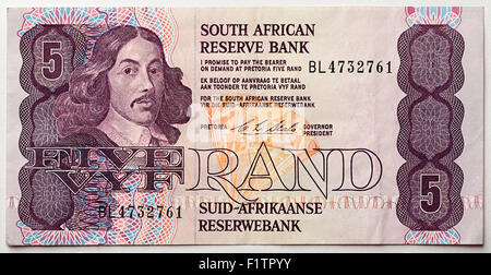 Jan van Riebeeck sulla vecchia R5 cinque Rand nota, Sud Africa Foto Stock